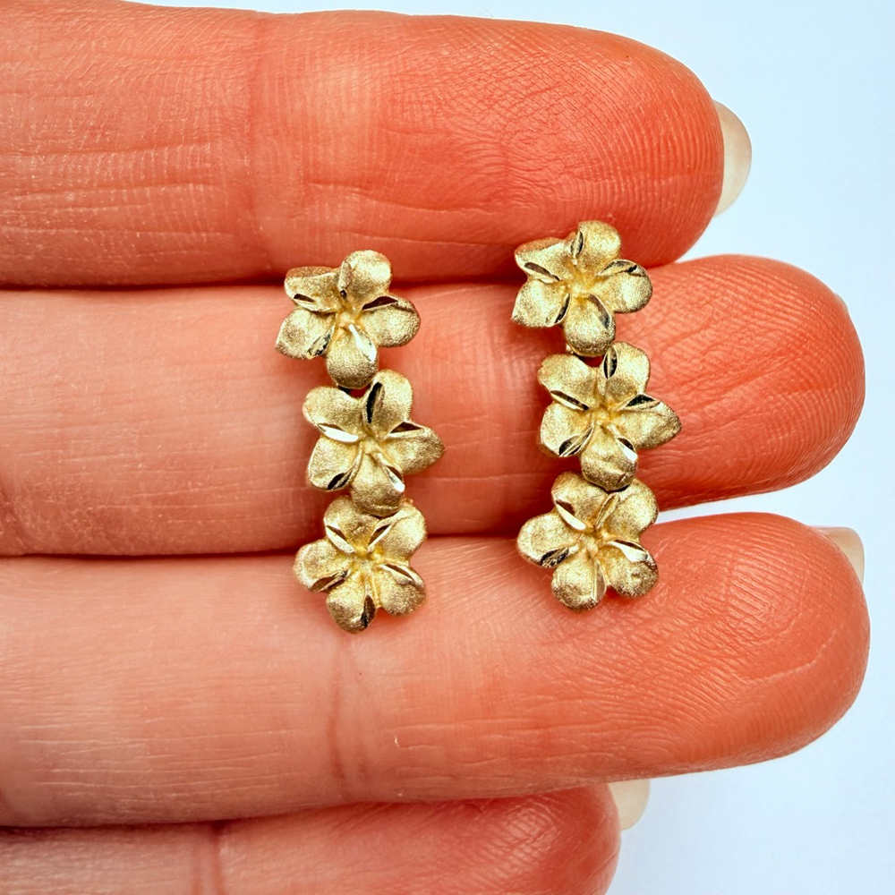 14K Solid Yellow Gold Hawaii Plumeria Flower Cascade Diamond Cut Dangle Earrings - Picture 7 of 8